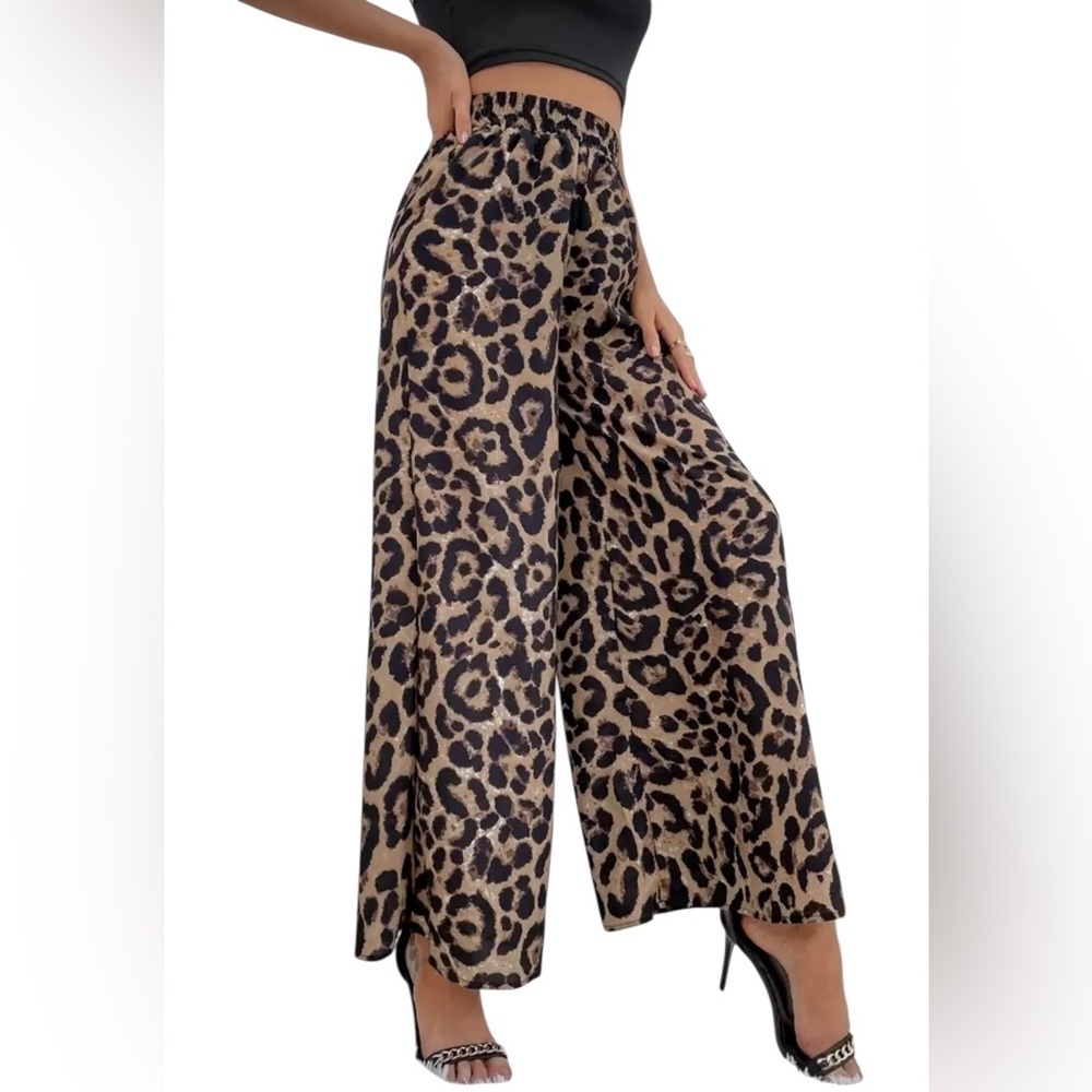 Leopard Brown Black Animal Print High Waisted Wide Leg Women’s Pants Large - Picture 3 of 14